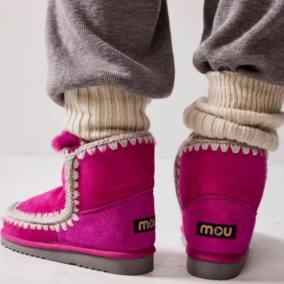 Free People MOU Glacier Shearling Ankle Boots Pink Tan Stitched Fur Lined - Picture 8 of 9